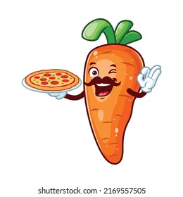 vector cartoon, character, and mascot of a carrot holding pizza.