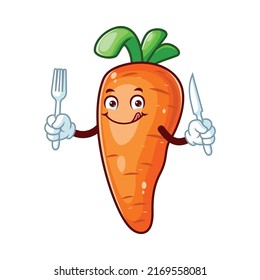 vector cartoon, character, and mascot of a carrot holding fork and knife.