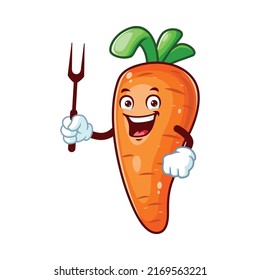 vector cartoon, character, and mascot of a carrot holding grill fork.