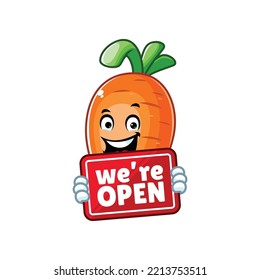 vector cartoon, character, and mascot of a carrot holding open signboard.