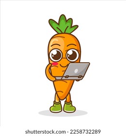 vector cartoon, character, and mascot of a carrot holding laptop.