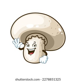 vector cartoon, character, and mascot of a champignon mushroom with wave hand.
