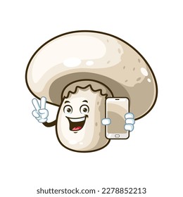 vector cartoon, character, and mascot of a champignon mushroom holding smartphone.