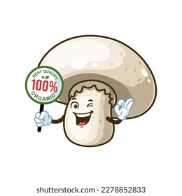 vector cartoon, character, and mascot of a champignon mushroom holding organic signboard.