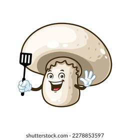 dibujos animados vectoriales, personajes y mascota de un hongo campeón sosteniendo espátula.
