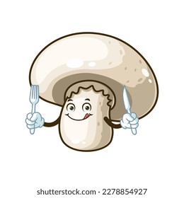 vector cartoon, character, and mascot of a champignon mushroom holding fork and knife.
