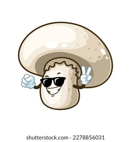 vector cartoon, character, and mascot of a champignon mushroom wearing black eyeglasses.