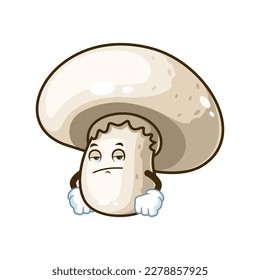 vector cartoon, character, and mascot of a champignon mushroom with bored expression face.