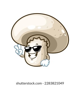 vector cartoon, character, and mascot of a champignon mushroom wearing black eyeglasses.