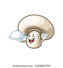 vector cartoon, character, and mascot of a champignon mushroom holding tray catering.