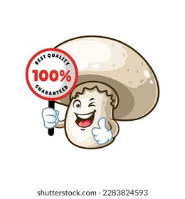 vector cartoon, character, and mascot of a champignon mushroom holding guaranteed signboard.