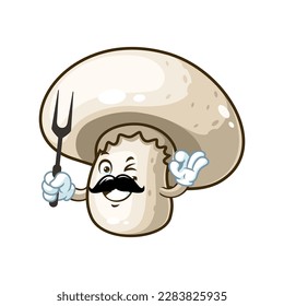 vector cartoon, character, and mascot of a champignon mushroom holding grilled fork.