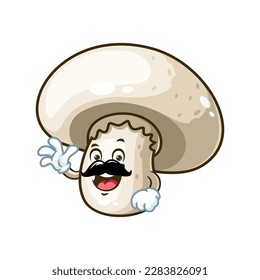 dibujos animados vectoriales, personajes y mascota de un bigote campeón de hongos con mano ondulada.