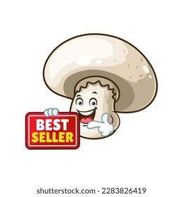 vector cartoon, character, and mascot of a champignon mushroom holding best seller signboard.