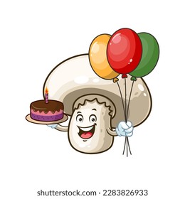 vector cartoon, character, and mascot of a champignon mushroom birthday party.