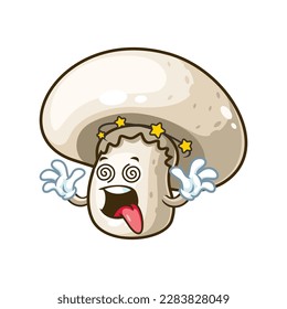 caricatura vectorial, personaje y mascota de un hongo campeón con expresión vertiginosa.