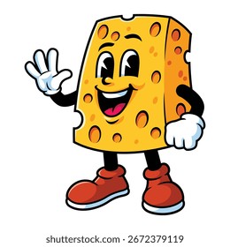 vector cartoon, character, and mascot of cheese with wave hand.