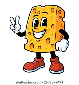 Vector de dibujos animados, personaje y mascota de queso con dos dedos.