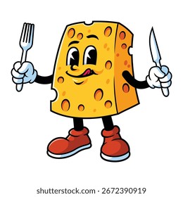 vector cartoon, character, and mascot of cheese holding fork and knife.