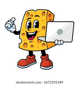 Vector de dibujos animados, personaje y mascota de queso sosteniendo la computadora portátil.