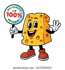 vector cartoon, character, and mascot of cheese holding organic signboard.