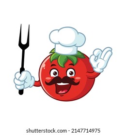 personaje de dibujos animados vectoriales, mascota de tomate del chef sosteniendo el tenedor de la parrilla