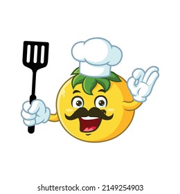 vector cartoon character, mascot of chef yellow tomato holding spatula