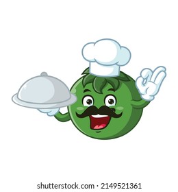 Vektor-Cartoon-Charakter, Maskottchen des Küchenchefs grüne Tomate halten Tray Catering