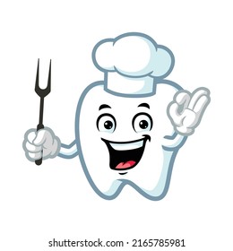 Vector Cartoon, Character, And Mascot Of A Chef Teeth Holding Grill Fork.