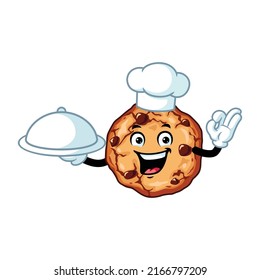 vector cartoon, character, and mascot of a chef cookies holding tray catering.