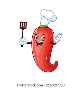vector cartoon, character, and mascot of a chef chili holding spatula.