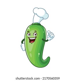 vector cartoon, character, and mascot of a chef green chili with thumbs up hand.

