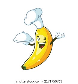 vector cartoon, character, and mascot of a chef banana holding tray catering.