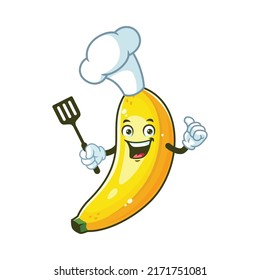 dibujos animados vectoriales, personajes y mascota de un chef bananero sosteniendo espátula.