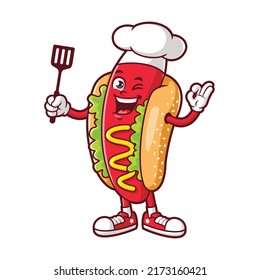 dibujos animados vectoriales, personajes y mascota de un hotdog chef que sostiene espátula.