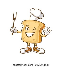 vector cartoon, character, and mascot of a chef bread holding grill fork.