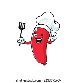 dibujos animados vectoriales, personaje y mascota de una salchicha de chef con espátula.