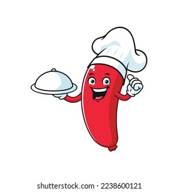 vector cartoon, character, and mascot of a chef sausage holding tray catering.