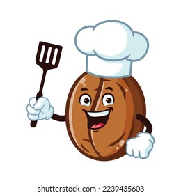vector cartoon, character, and mascot of a chef coffee bean holding spatula.