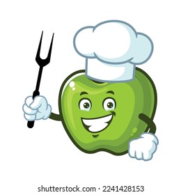 vector cartoon, character, and mascot of a chef Green Apple holding grill fork.