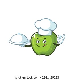 Vektorcartoon, Charakter und Maskottchen eines Chefkochs Green Apple, der eine Gaststätte hält.