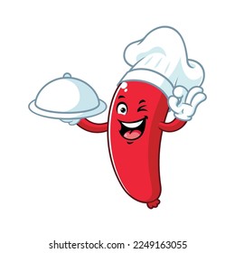 vector cartoon, character, and mascot of a chef sausage holding tray catering.