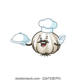 vector cartoon, character, and mascot of a chef moustache garlic holding tray catering.