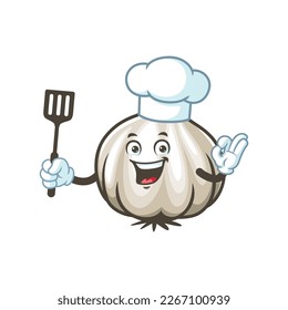 dibujos animados vectoriales, personajes y mascota de un ajo de chef sosteniendo espátula.