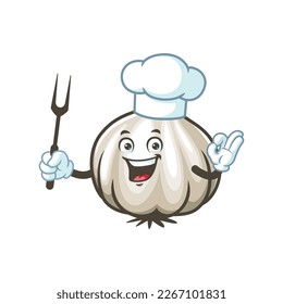Vektorgrafik, Charakter und Maskottchen eines Knoblauchkochs, der gegrillte Gabel hält.