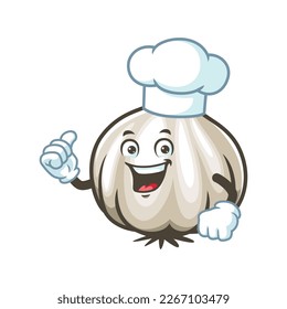 vector cartoon, character, and mascot of a chef garlic with thumbs up hand.