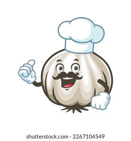 vector cartoon, character, and mascot of a chef moustache garlic with thumbs up hand.
