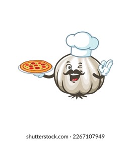 vector cartoon, character, and mascot of a chef garlic holding pizza.