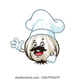 dibujos animados vectoriales, personaje y mascota de un ajo bigote de chef con mano ondulada.