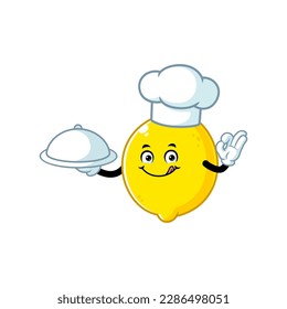 vector cartoon, character, and mascot of a chef lemon holding tray catering.